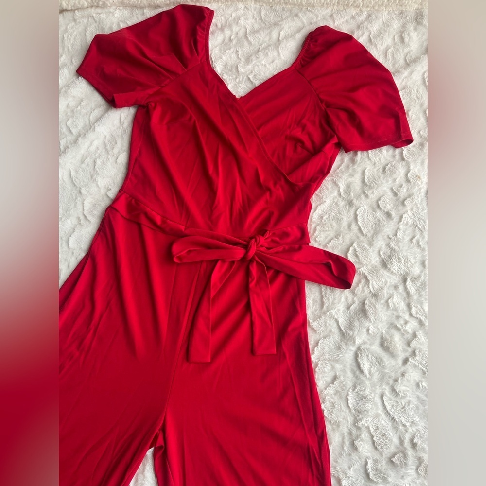Red Bow tie Wide-Leg Jumpsuit with Tie Waist Women’s Size Large - Picture 2 of 4